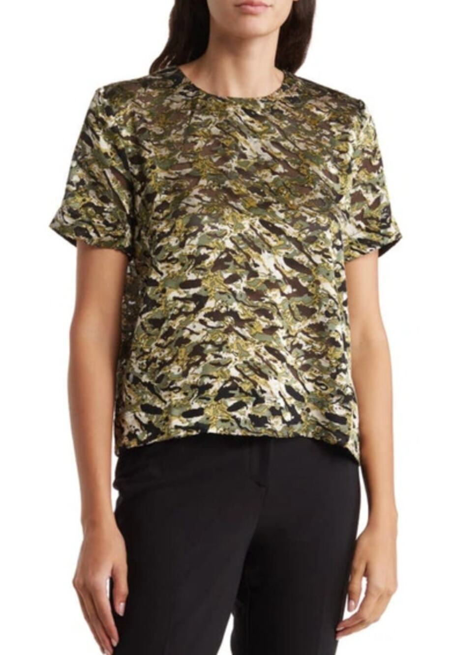 T TAHARI Women's Boxy Top Medium Olive Green Black Print Short Sleeve NWT